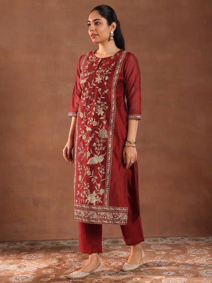 Libas Maroon Embroidered Chanderi Silk Straight Suit With Dupatta