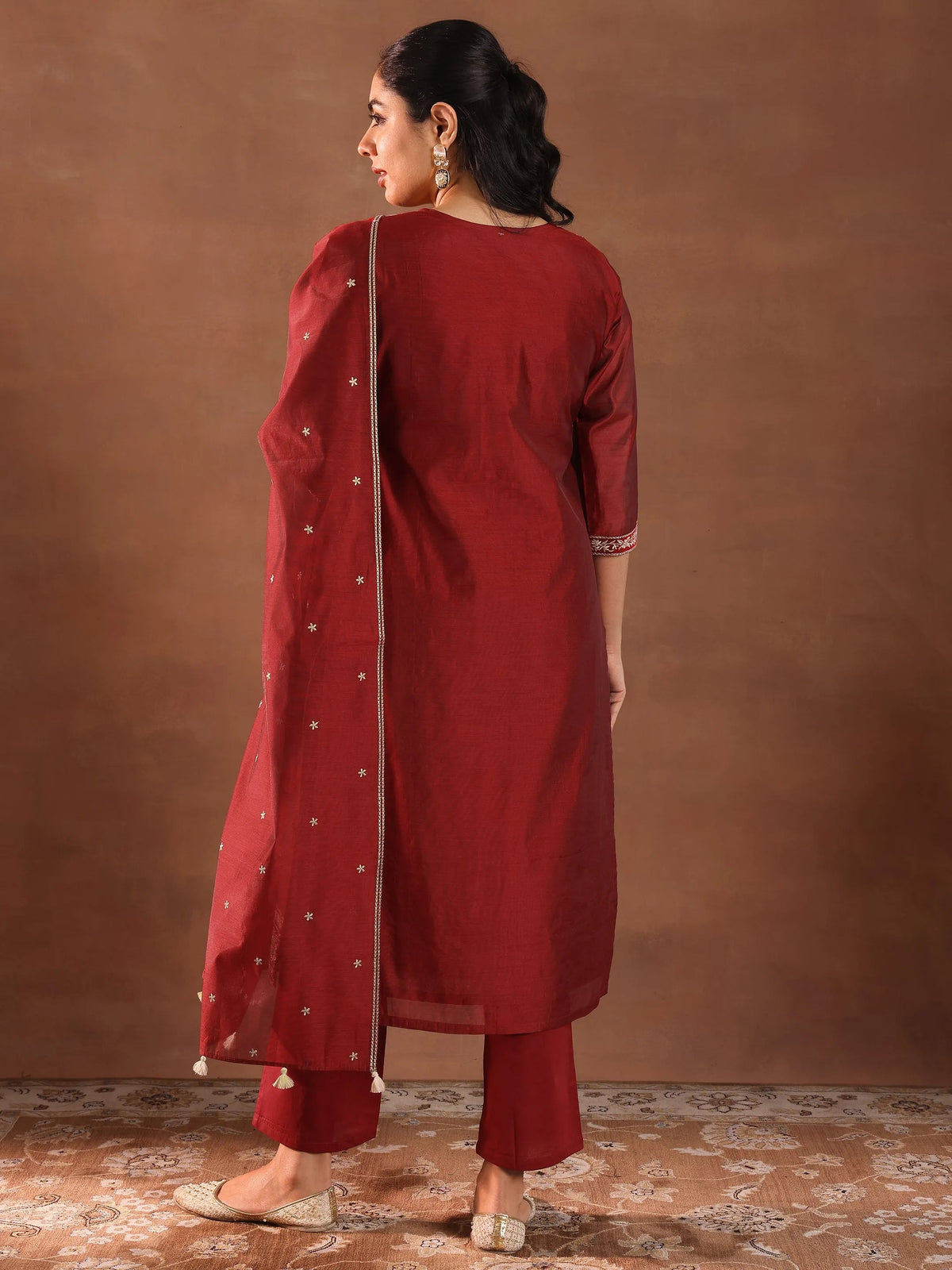 Libas Maroon Embroidered Chanderi Silk Straight Suit With Dupatta