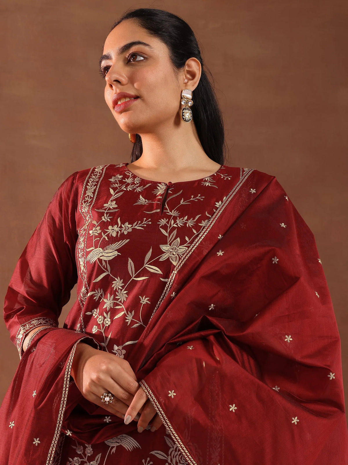 Libas Maroon Embroidered Chanderi Silk Straight Suit With Dupatta