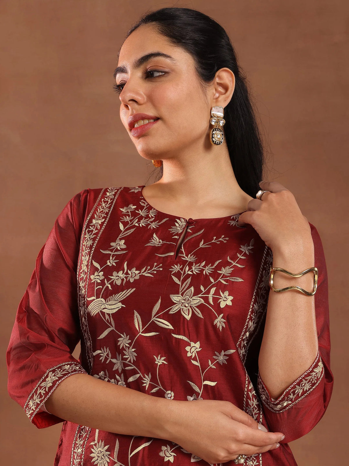 Libas Maroon Embroidered Chanderi Silk Straight Suit With Dupatta