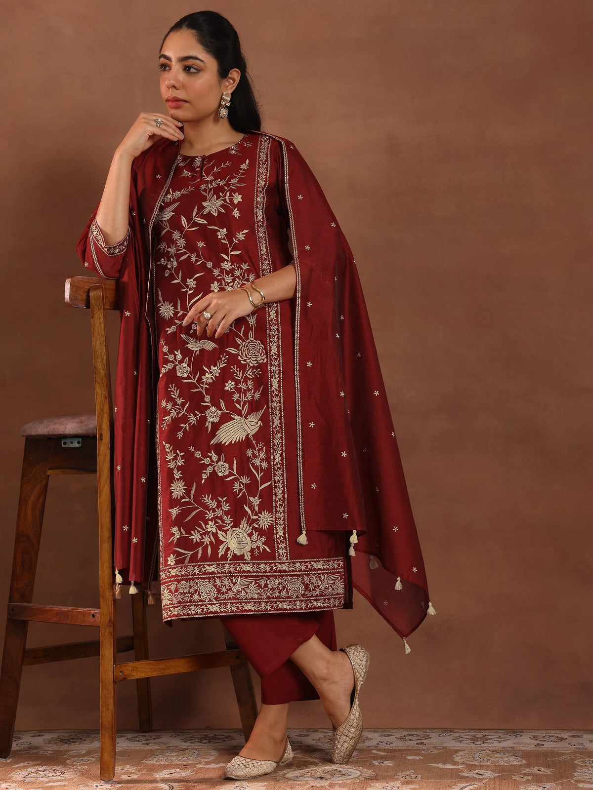 Libas Maroon Embroidered Chanderi Silk Straight Suit With Dupatta