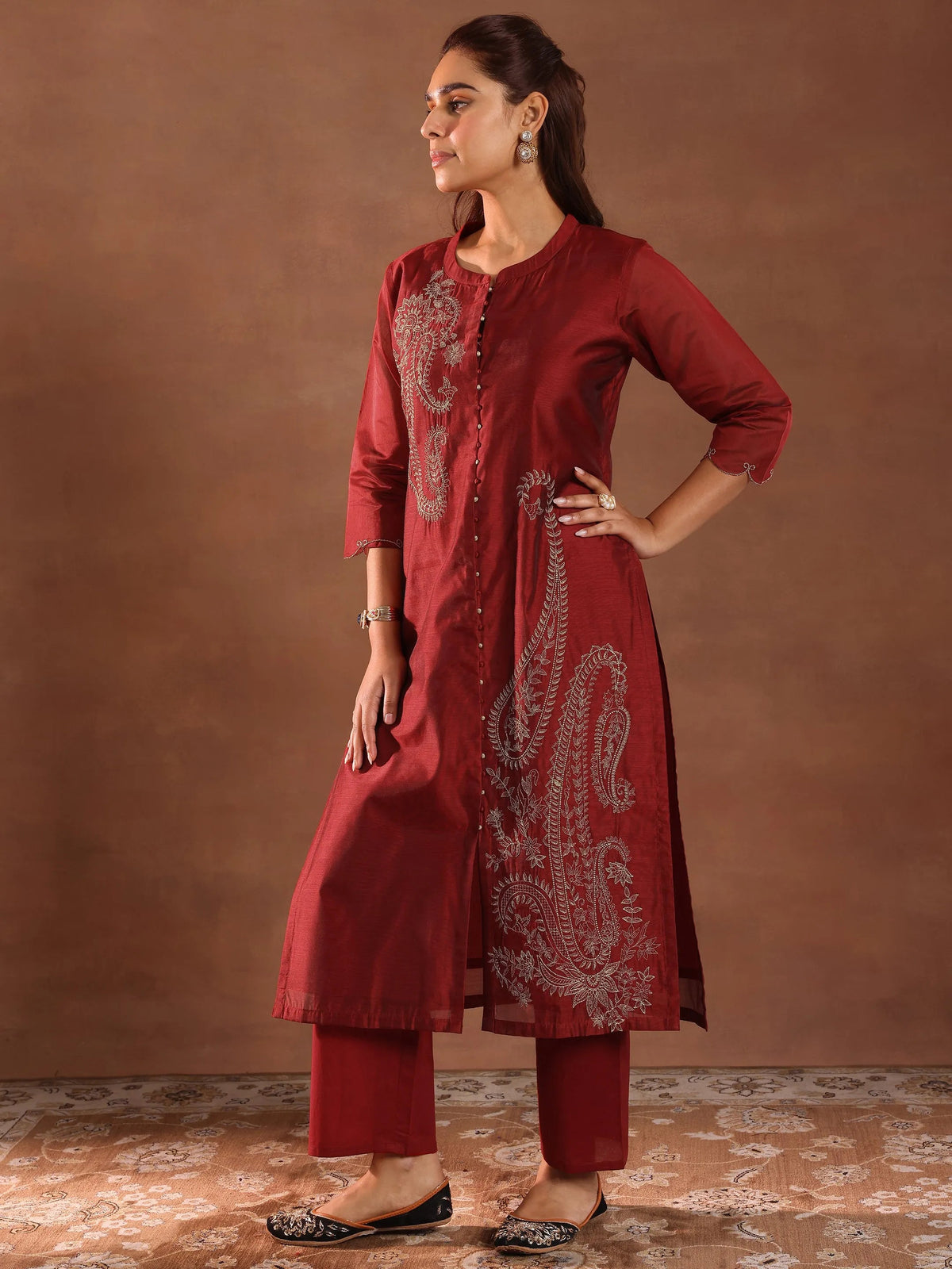 Libas Maroon Embroidered Chanderi Silk Straight Suit With Dupatta