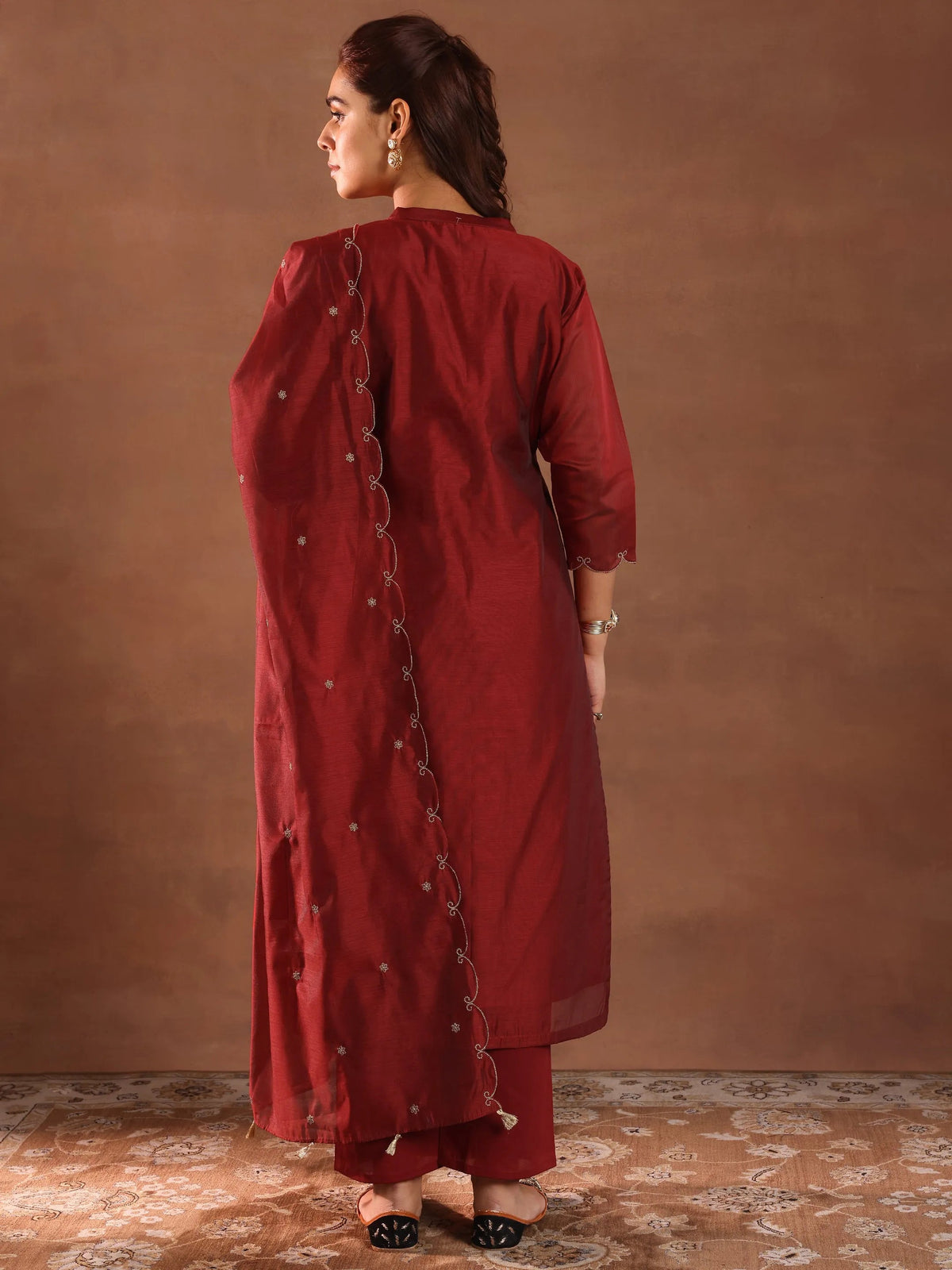 Libas Maroon Embroidered Chanderi Silk Straight Suit With Dupatta