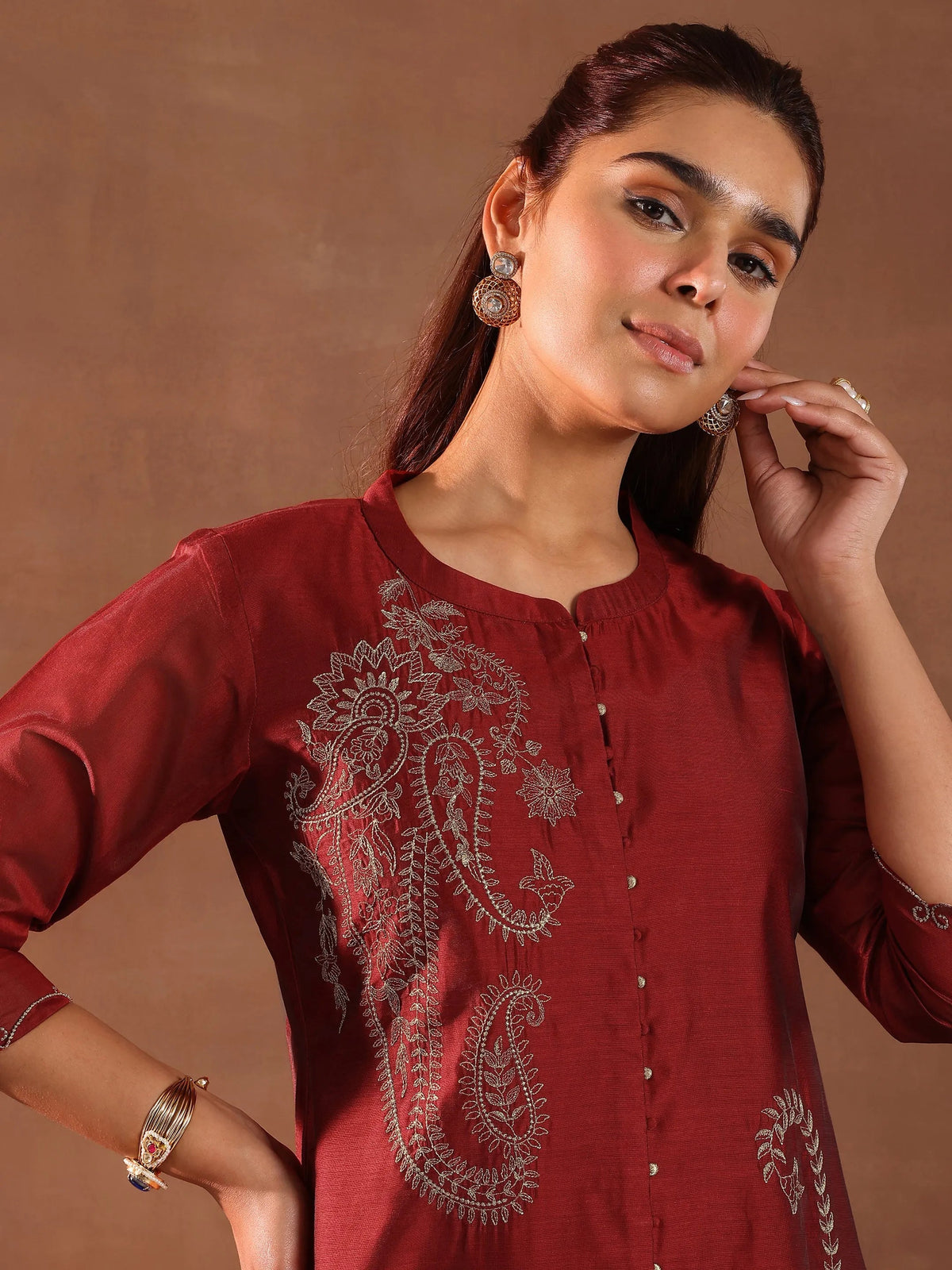 Libas Maroon Embroidered Chanderi Silk Straight Suit With Dupatta