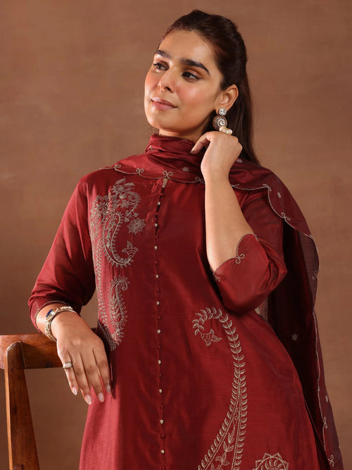 Libas Maroon Embroidered Chanderi Silk Straight Suit With Dupatta