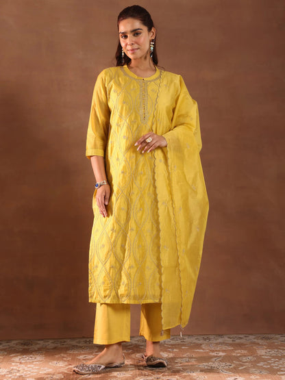 Libas Mustard Embroidered Chanderi Silk Straight Suit With Dupatta