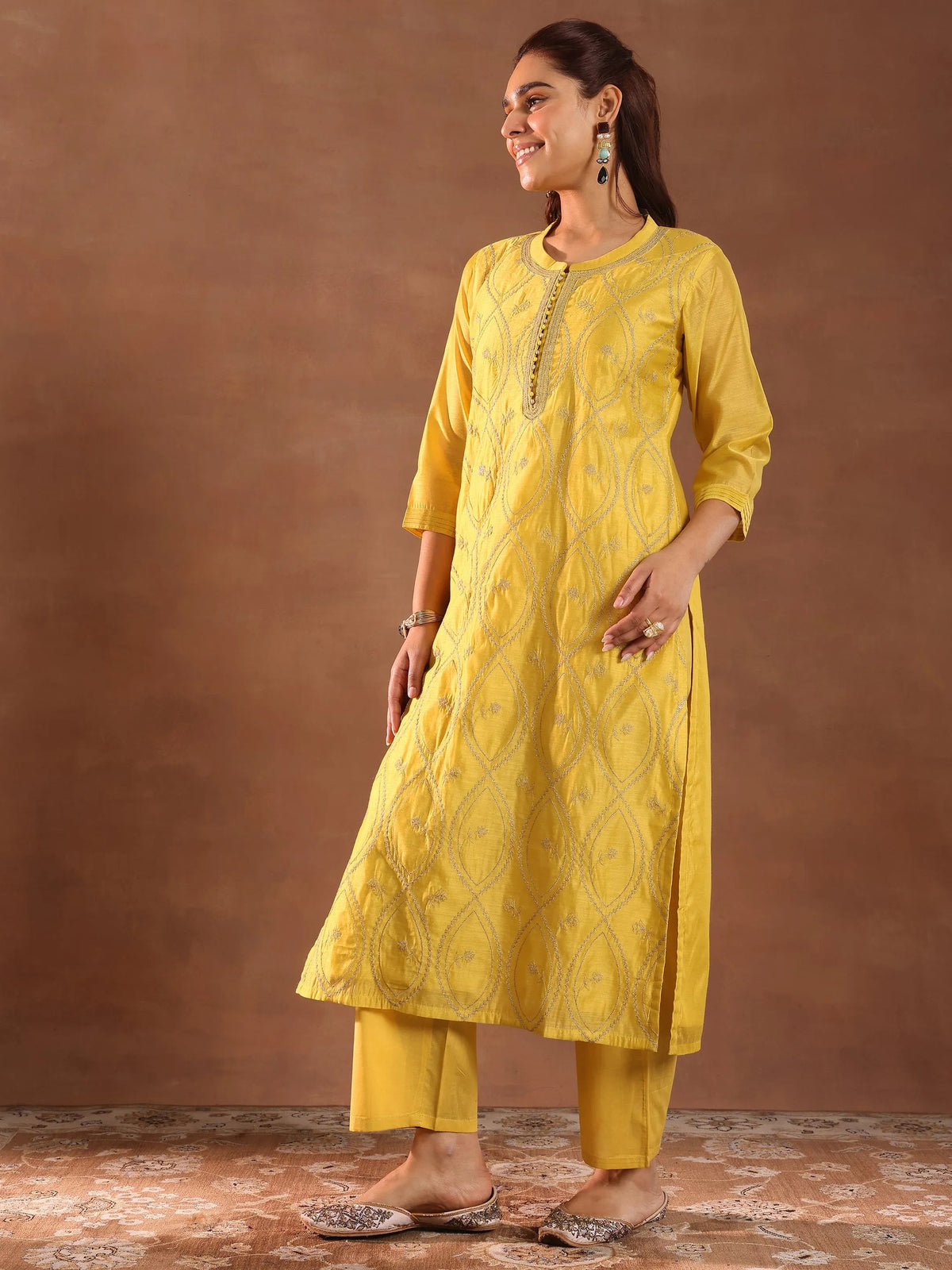 Libas Mustard Embroidered Chanderi Silk Straight Suit With Dupatta