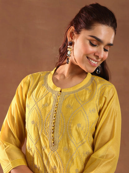 Libas Mustard Embroidered Chanderi Silk Straight Suit With Dupatta