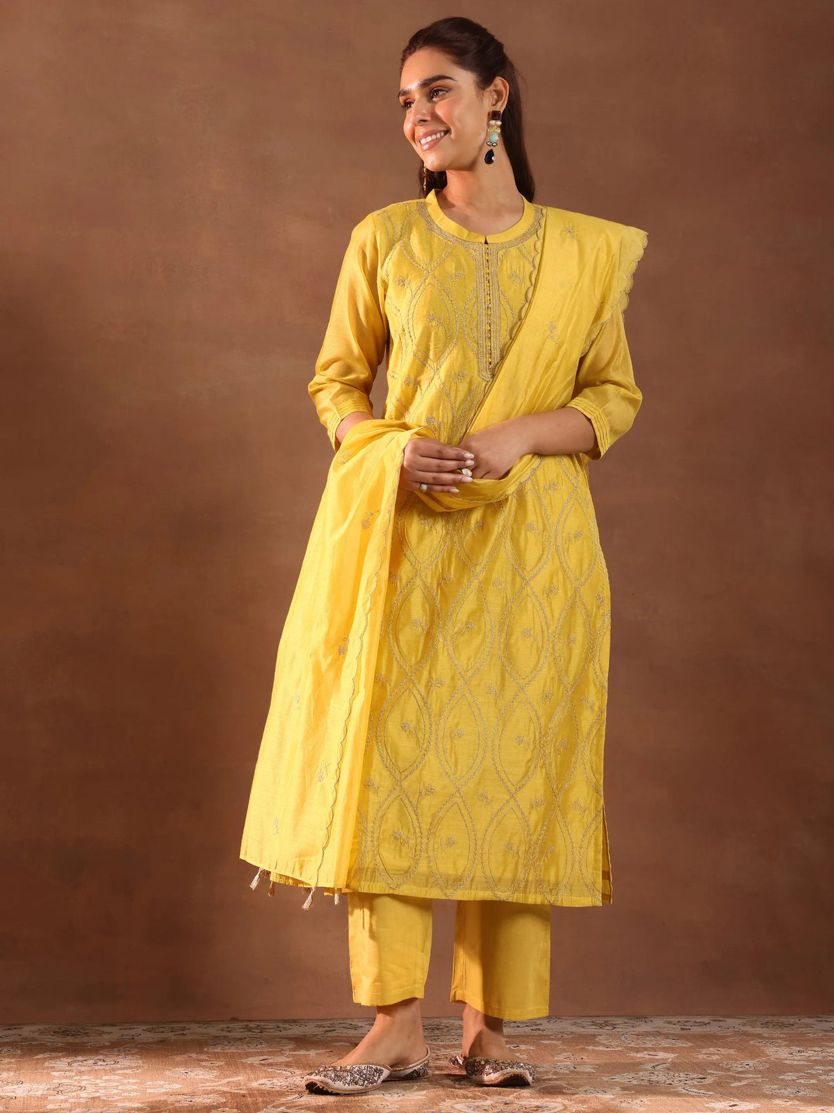 Libas Mustard Embroidered Chanderi Silk Straight Suit With Dupatta