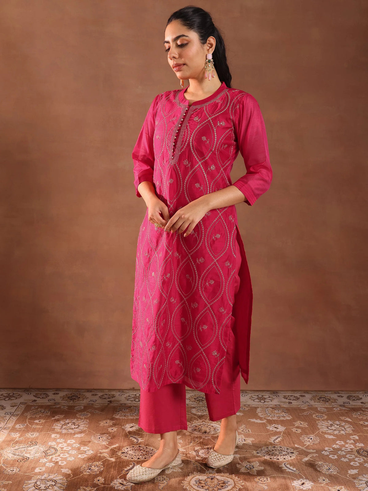Libas Pink Embroidered Chanderi Silk Straight Suit With Dupatta