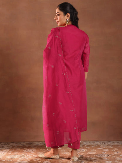 Libas Pink Embroidered Chanderi Silk Straight Suit With Dupatta