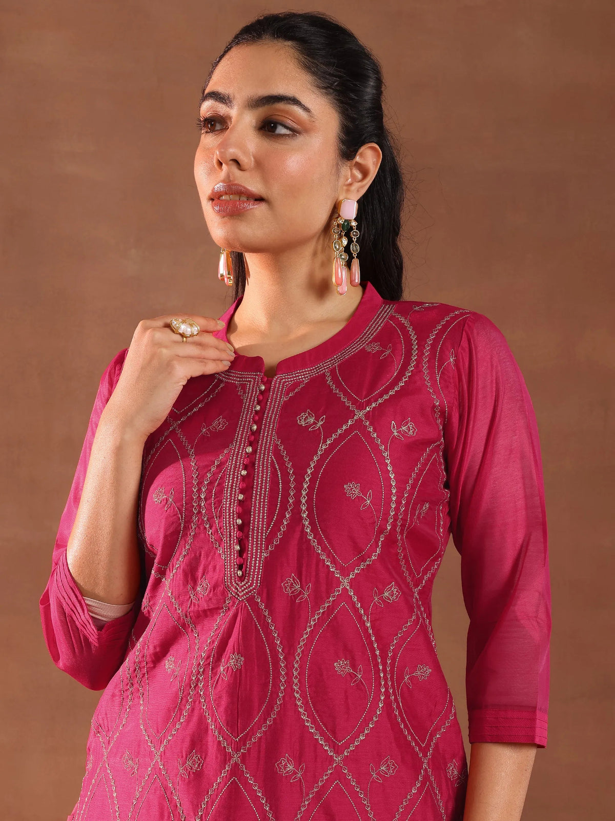 Libas Pink Embroidered Chanderi Silk Straight Suit With Dupatta
