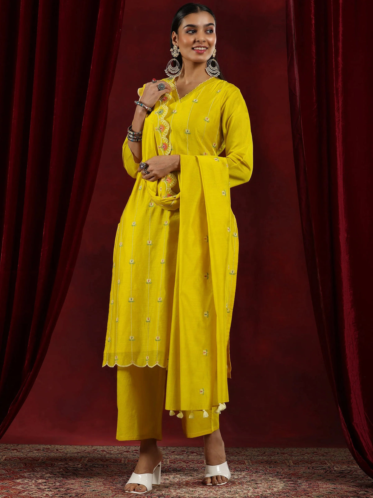 Libas Mustard Embroidered Chanderi Silk Straight Suit With Dupatta