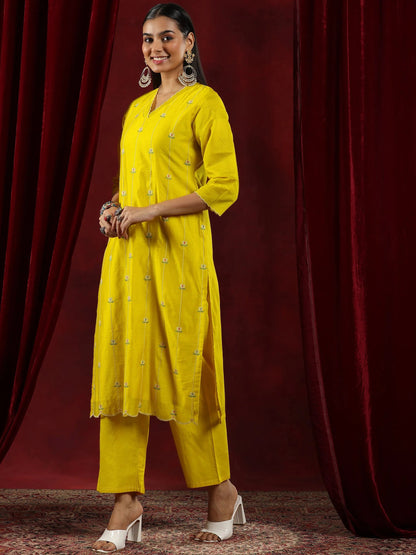 Libas Mustard Embroidered Chanderi Silk Straight Suit With Dupatta