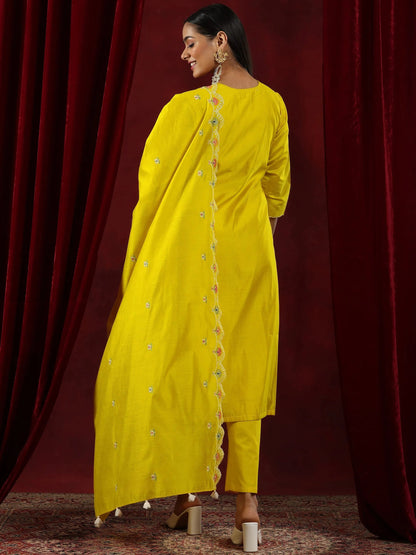 Libas Mustard Embroidered Chanderi Silk Straight Suit With Dupatta