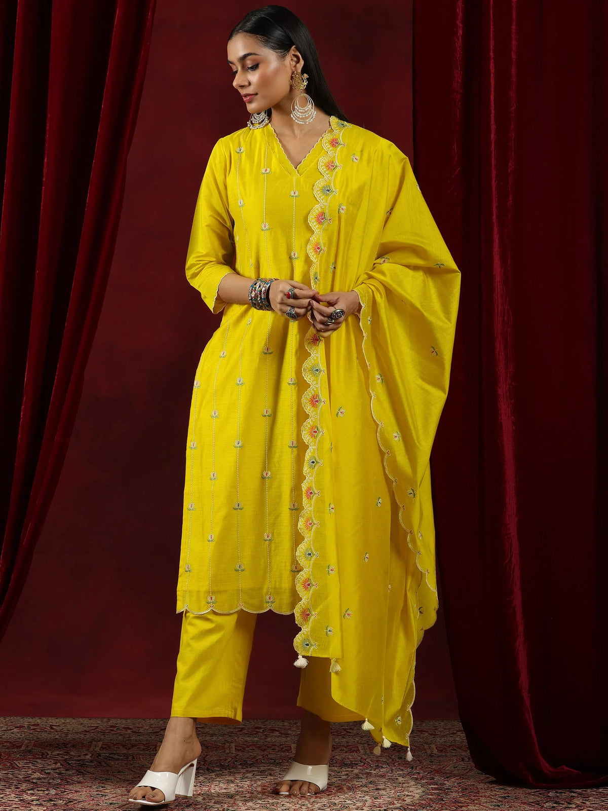 Libas Mustard Embroidered Chanderi Silk Straight Suit With Dupatta