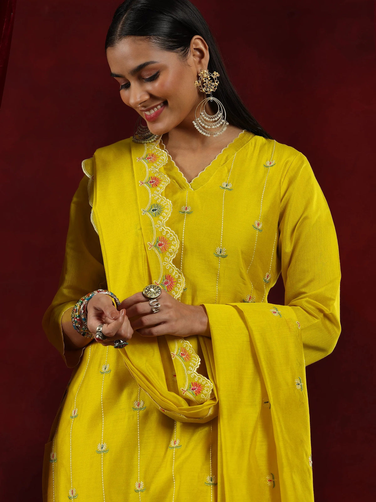 Libas Mustard Embroidered Chanderi Silk Straight Suit With Dupatta