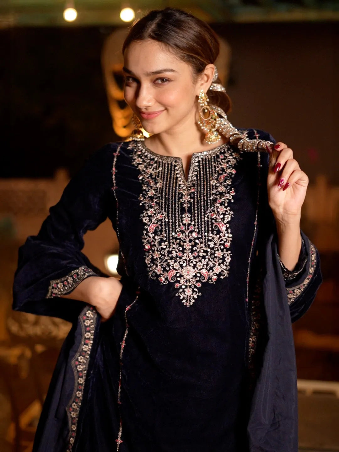 Libas Blue Embroidered Velvet Straight Suit With Dupatta