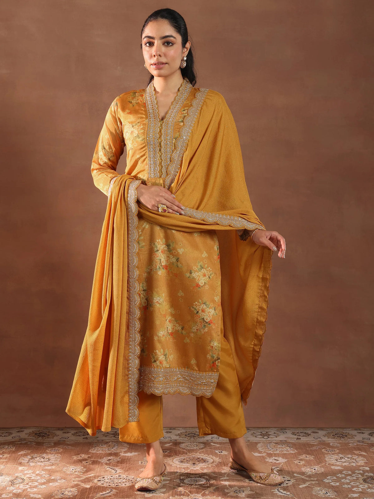Libas Mustard Printed Silk Blend Straight Suit With Dupatta
