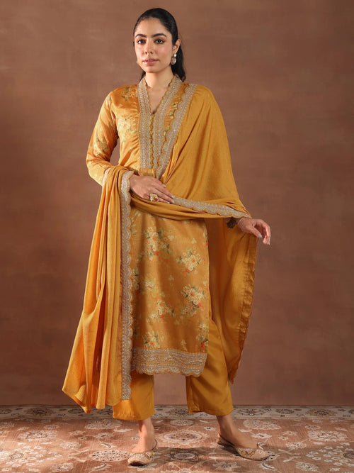 Libas Mustard Printed Silk Blend Straight Suit With Dupatta
