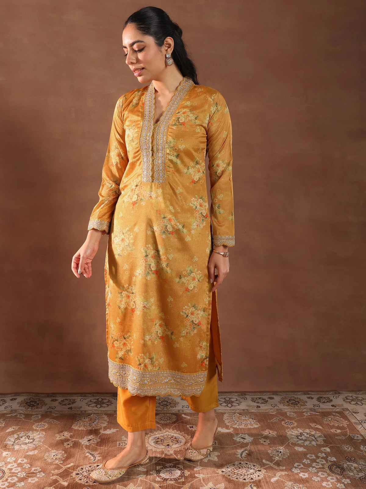 Libas Mustard Printed Silk Blend Straight Suit With Dupatta