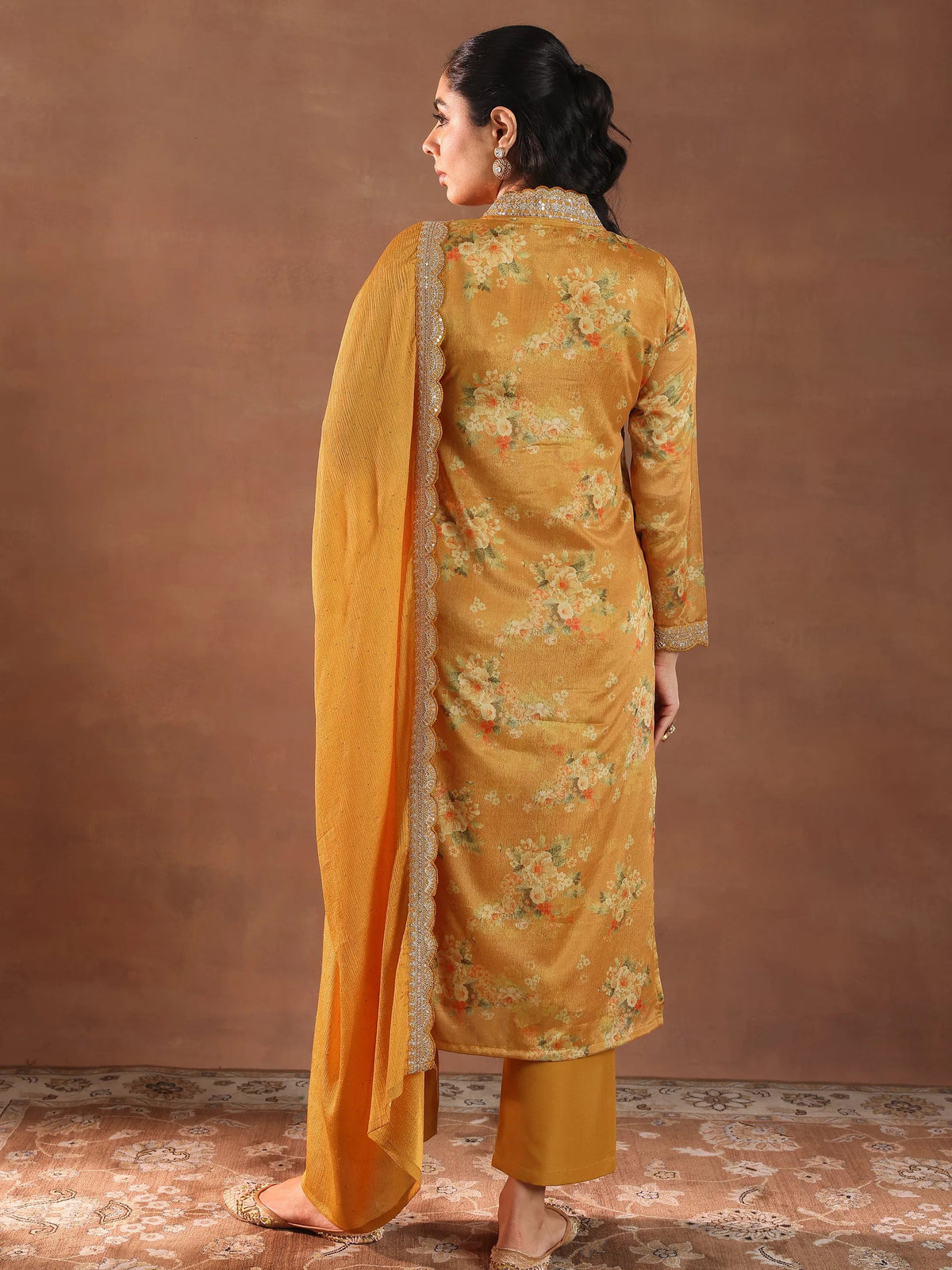 Libas Mustard Printed Silk Blend Straight Suit With Dupatta