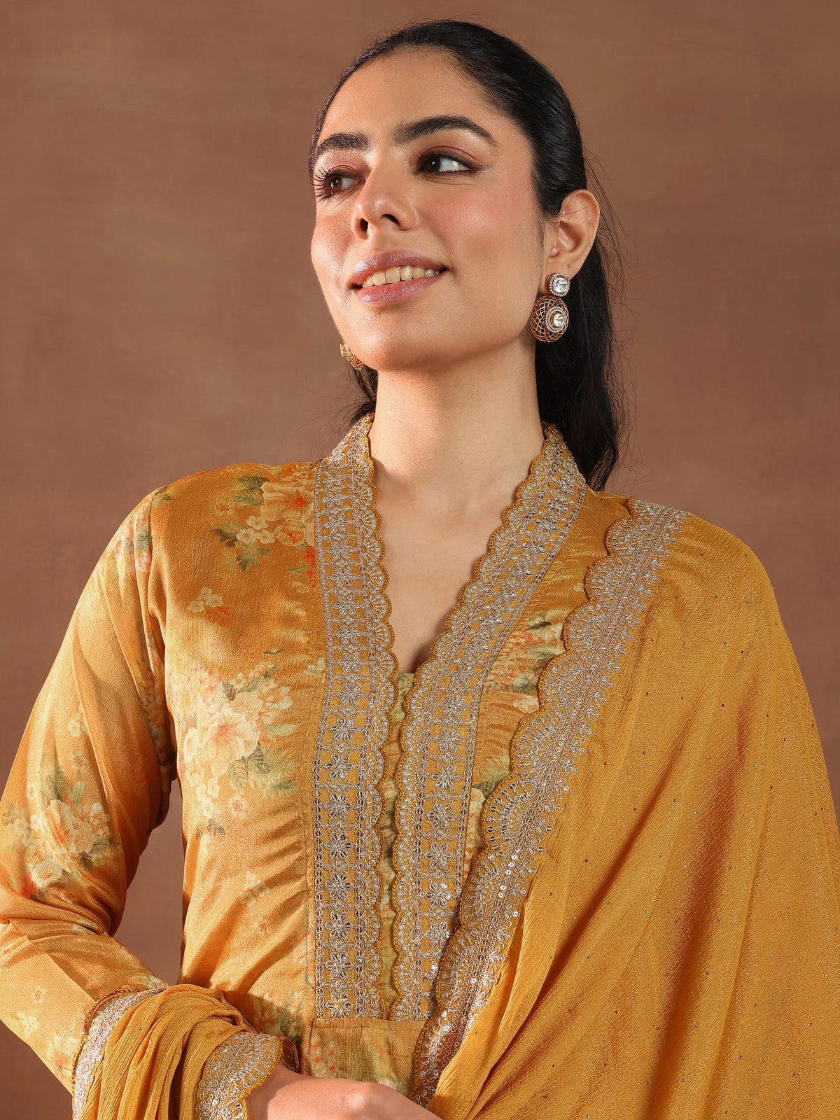 Libas Mustard Printed Silk Blend Straight Suit With Dupatta