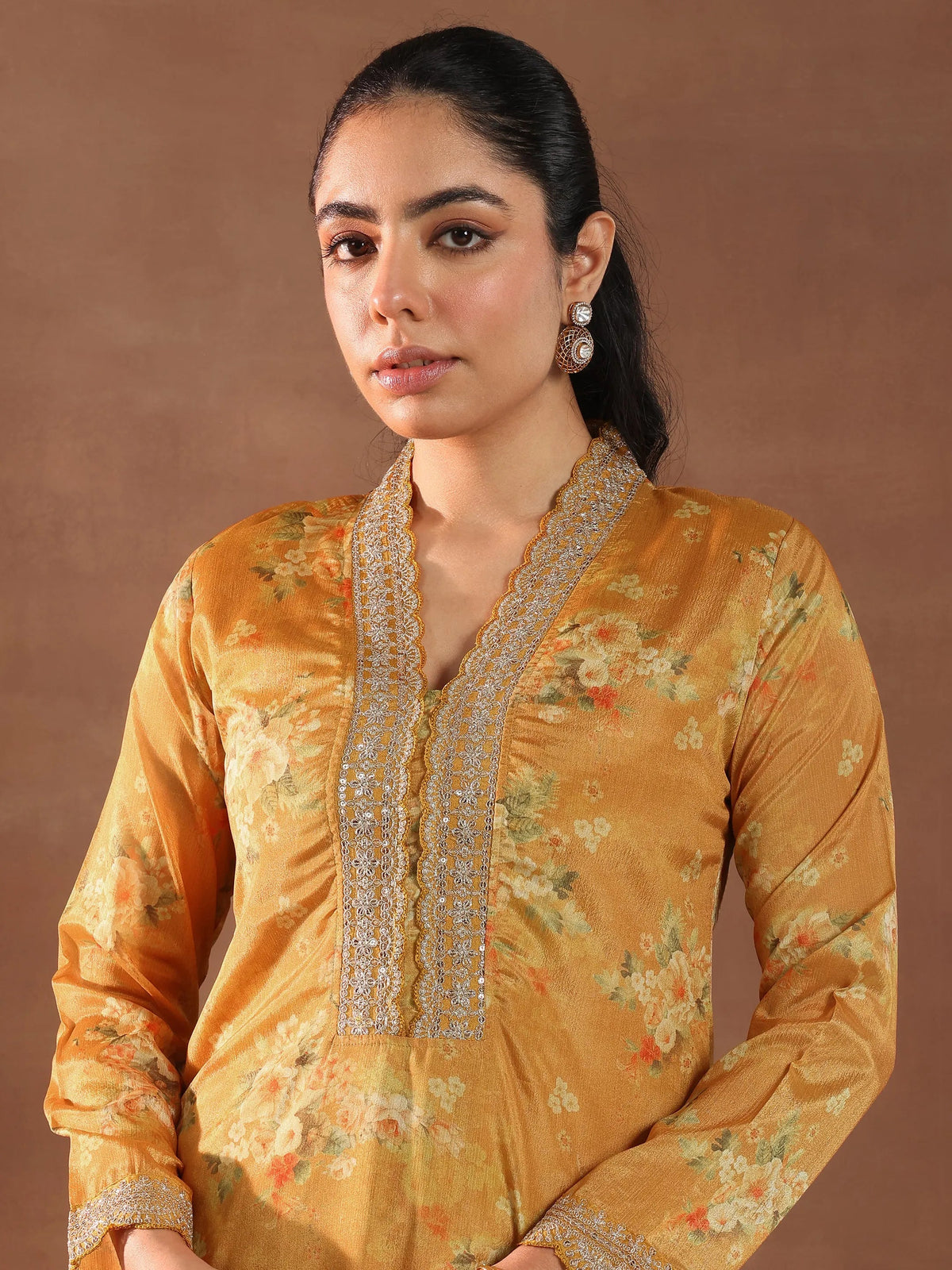 Libas Mustard Printed Silk Blend Straight Suit With Dupatta
