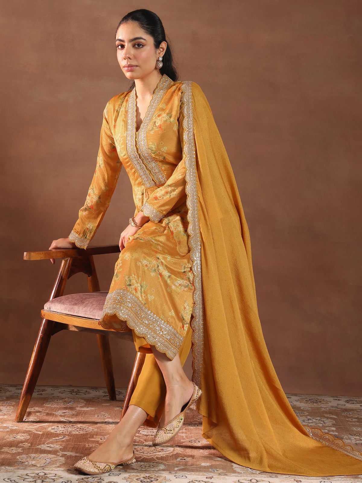 Libas Mustard Printed Silk Blend Straight Suit With Dupatta