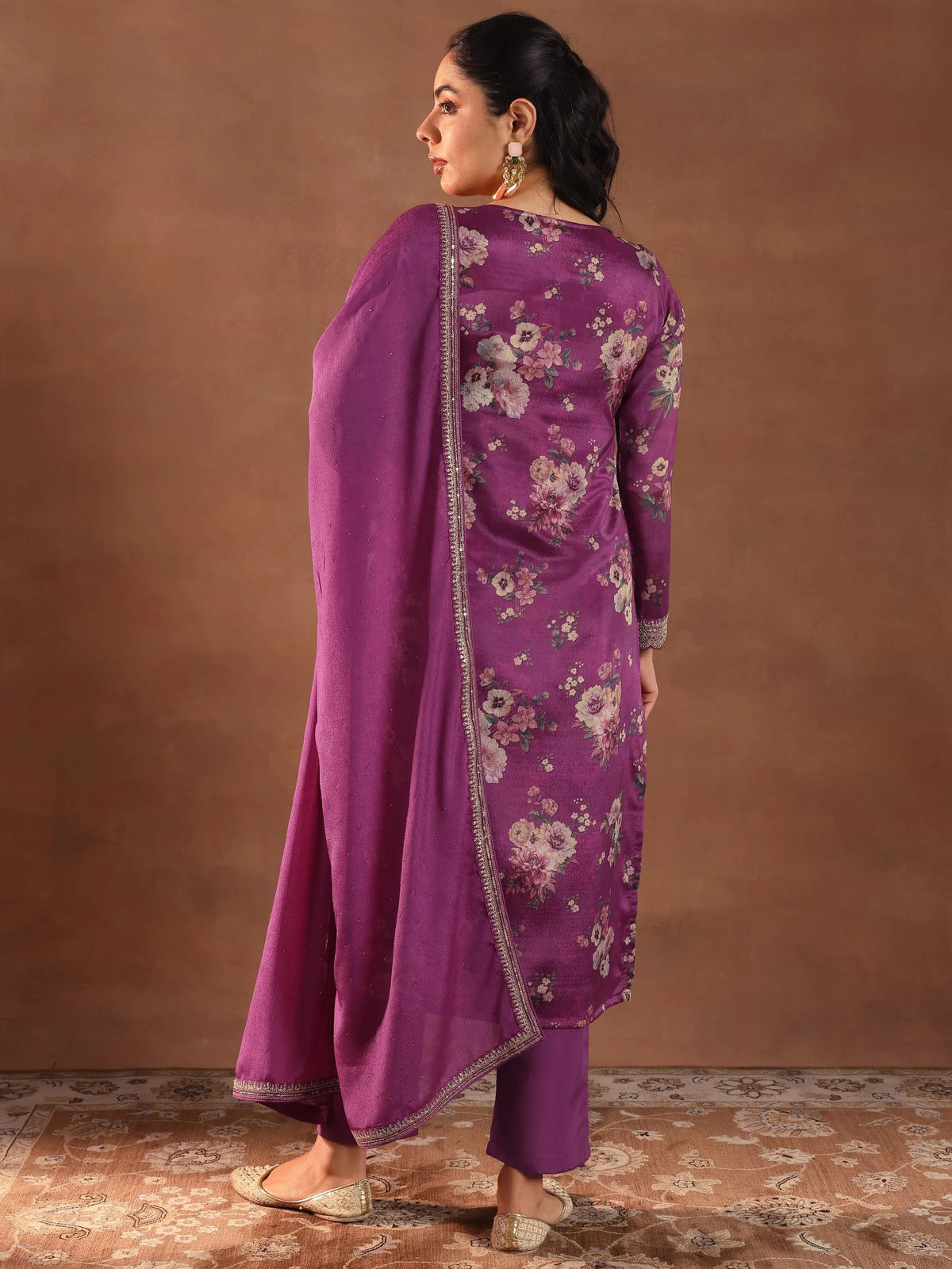 Libas Burgundy Printed Silk Blend Straight Suit With Dupatta
