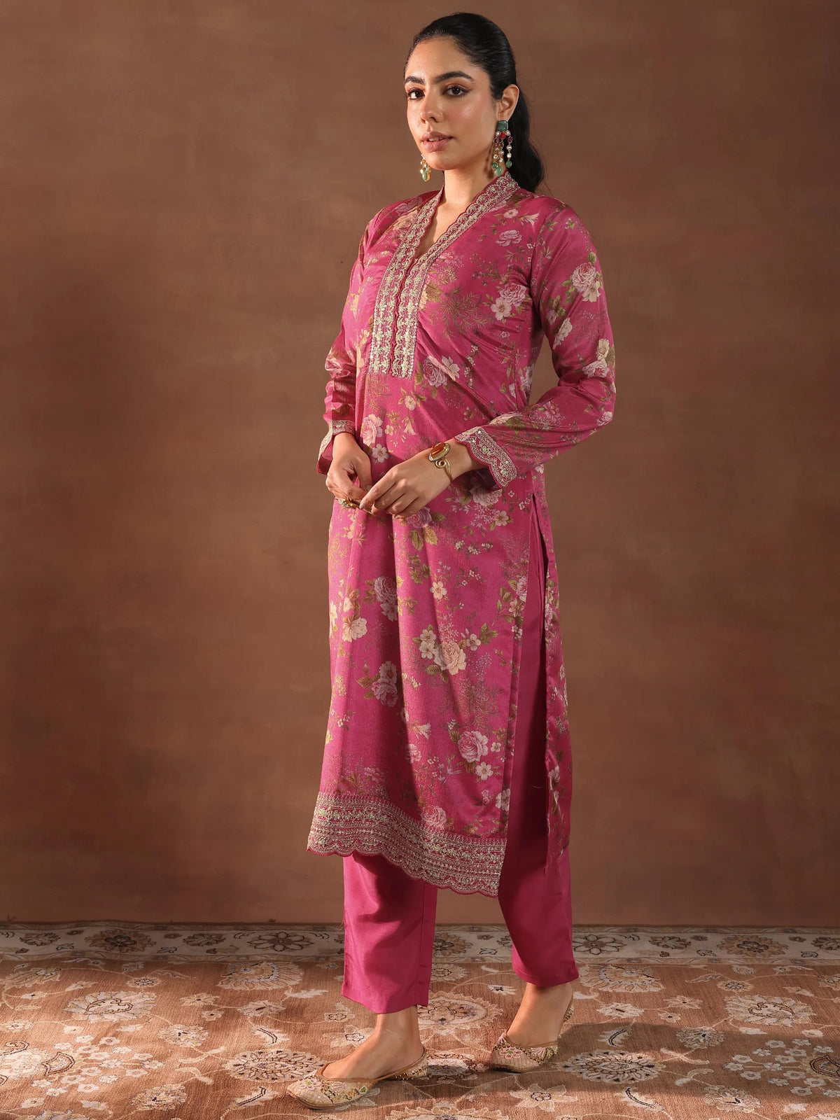 Libas Pink Printed Silk Blend Straight Suit With Dupatta