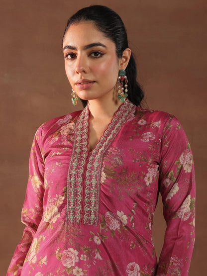 Libas Pink Printed Silk Blend Straight Suit With Dupatta