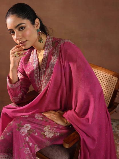 Libas Pink Printed Silk Blend Straight Suit With Dupatta