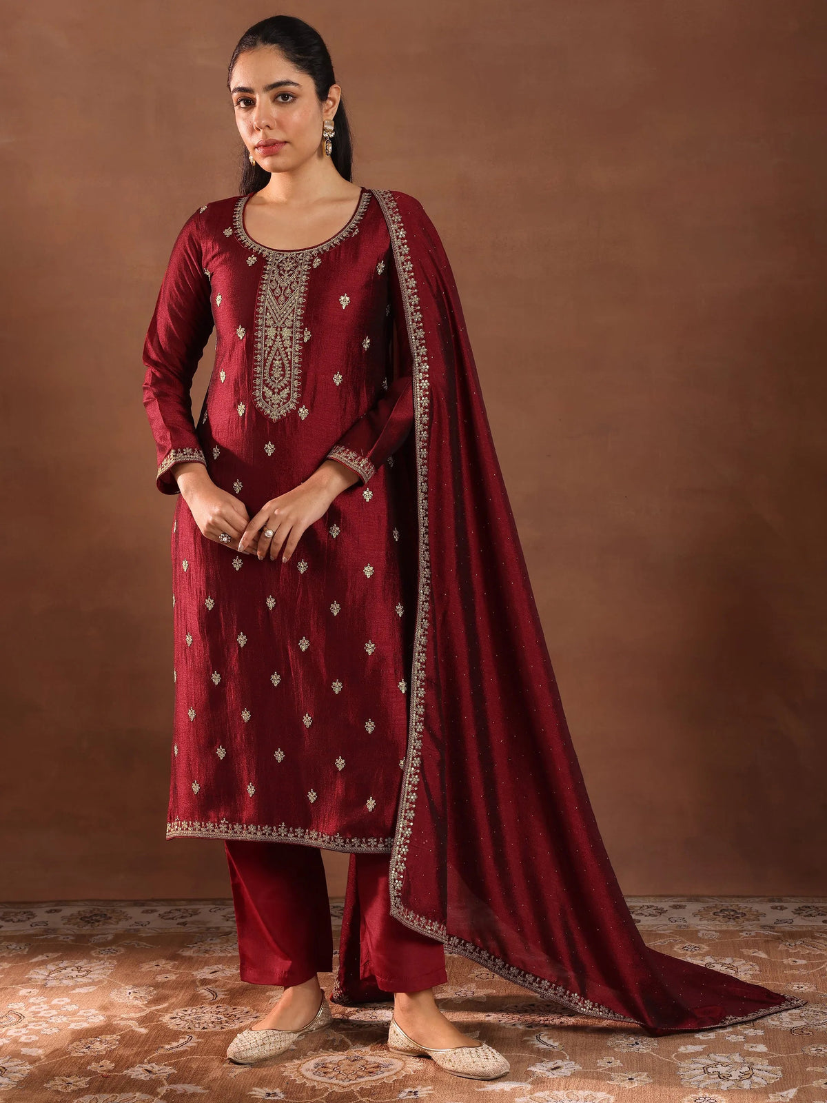Libas Maroon Embroidered Silk Blend Straight Suit With Dupatta