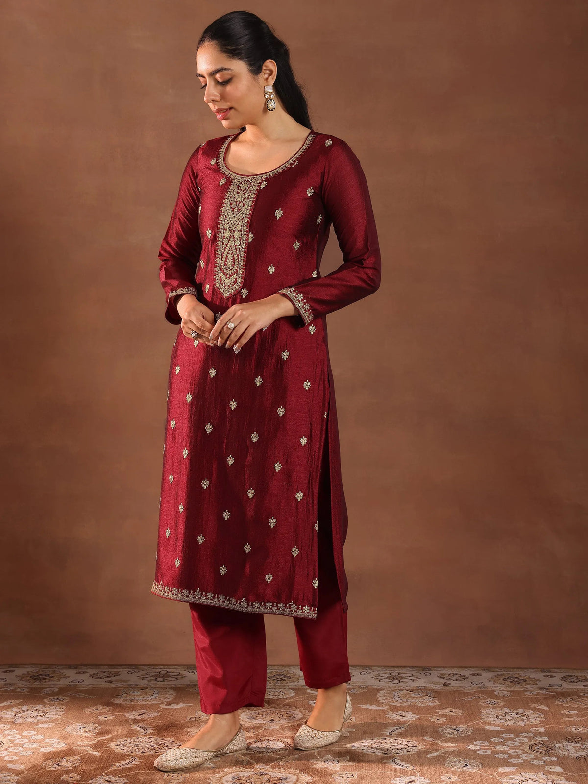Libas Maroon Embroidered Silk Blend Straight Suit With Dupatta