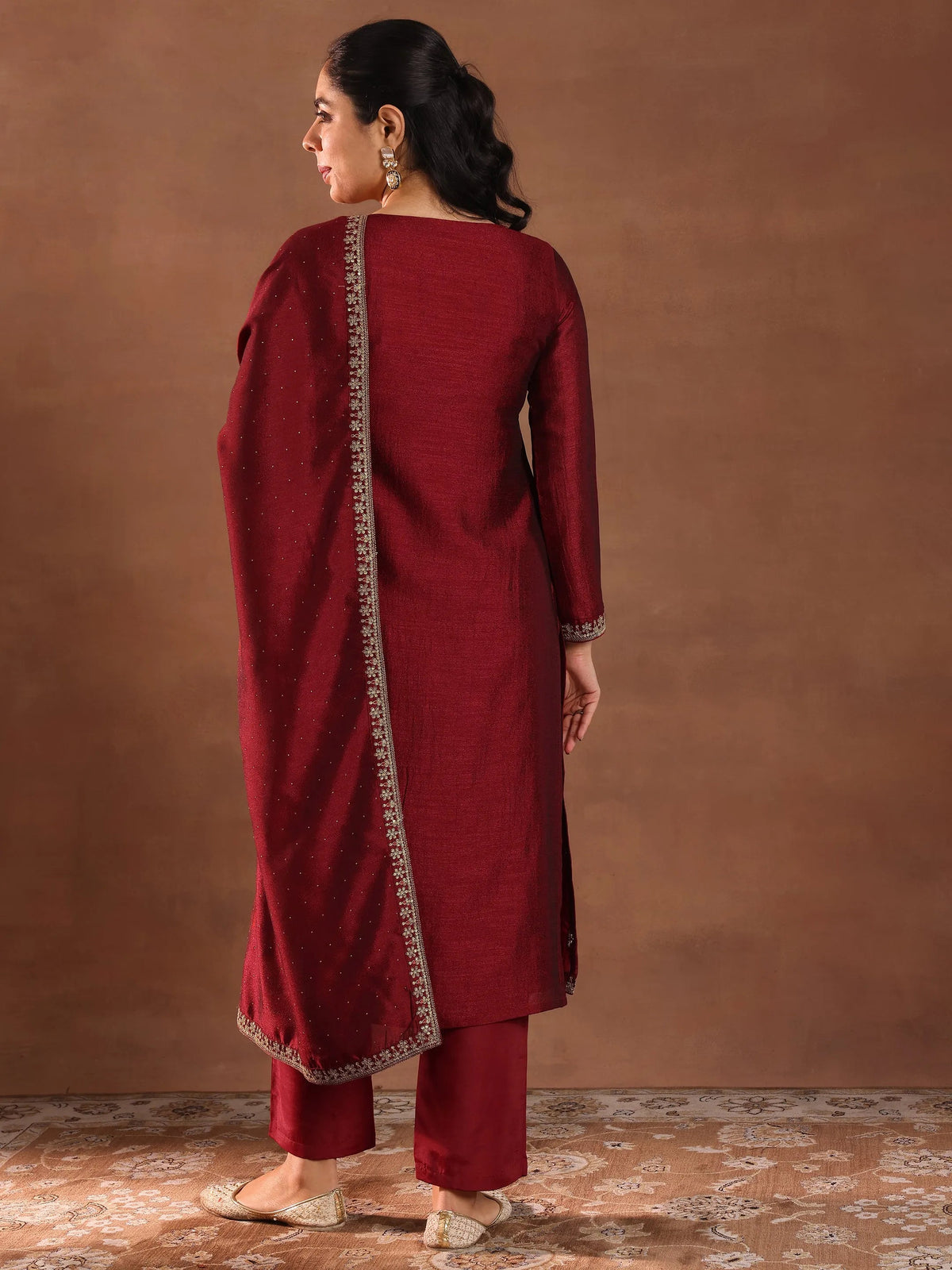 Libas Maroon Embroidered Silk Blend Straight Suit With Dupatta