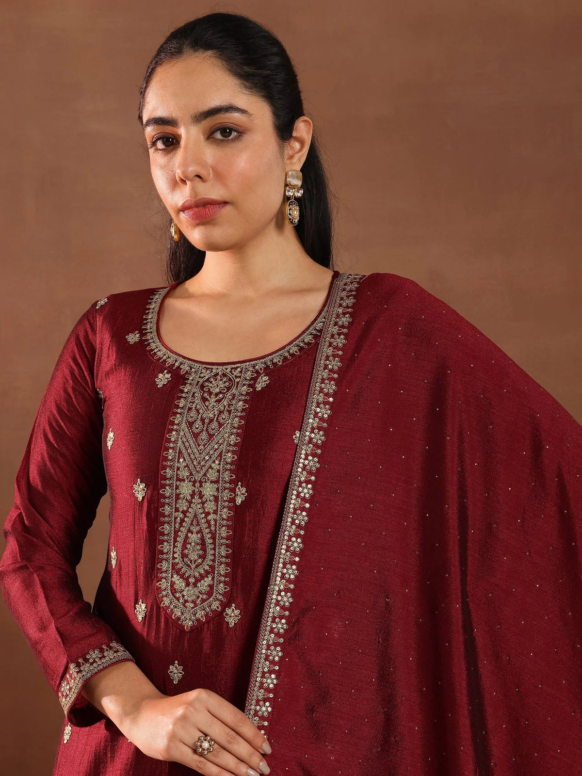 Libas Maroon Embroidered Silk Blend Straight Suit With Dupatta