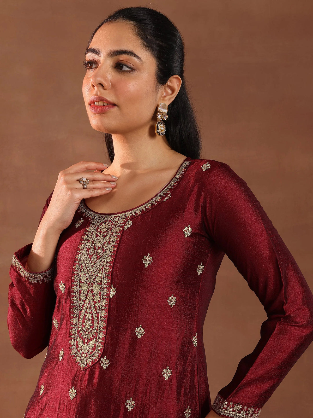 Libas Maroon Embroidered Silk Blend Straight Suit With Dupatta