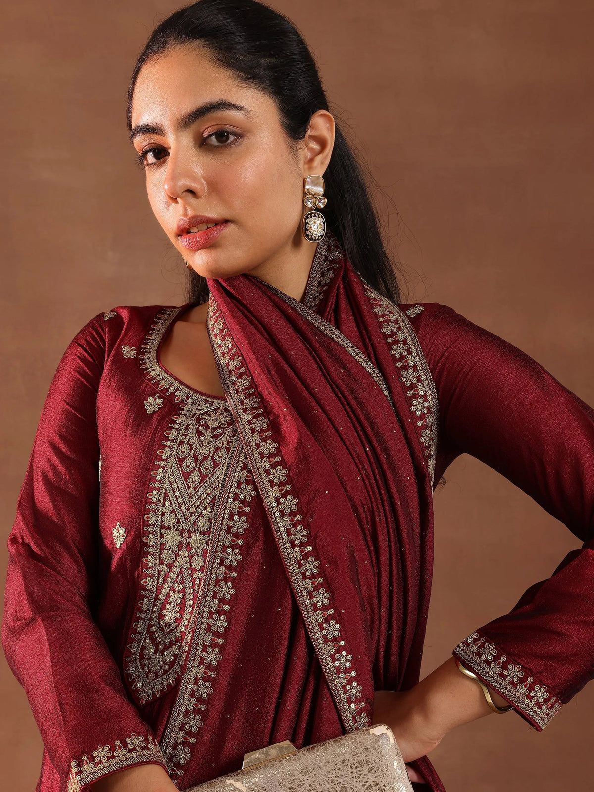 Libas Maroon Embroidered Silk Blend Straight Suit With Dupatta
