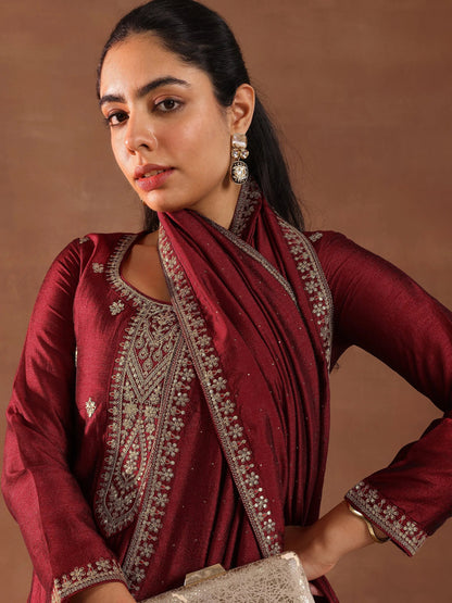 Libas Maroon Embroidered Silk Blend Straight Suit With Dupatta