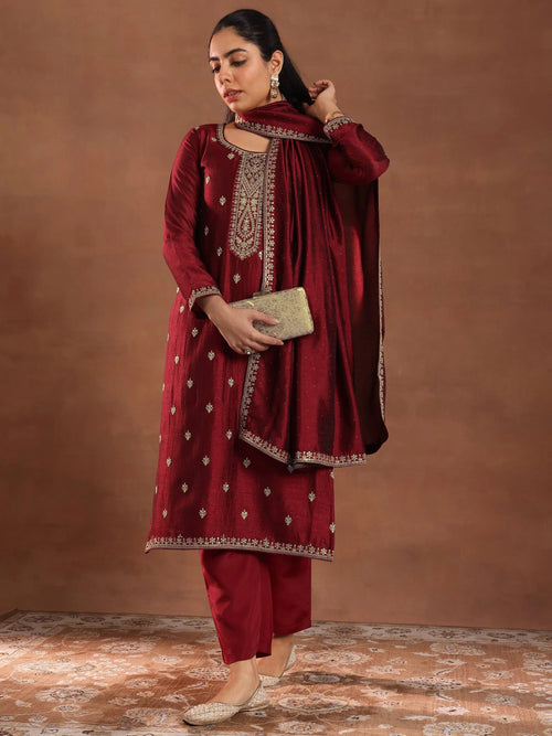 Libas Maroon Embroidered Silk Blend Straight Suit With Dupatta