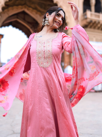 Libas Pink Woven Design Silk Blend Anarkali Suit With Dupatta