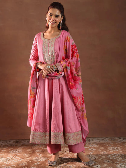 Libas Pink Woven Design Silk Blend Anarkali Suit With Dupatta