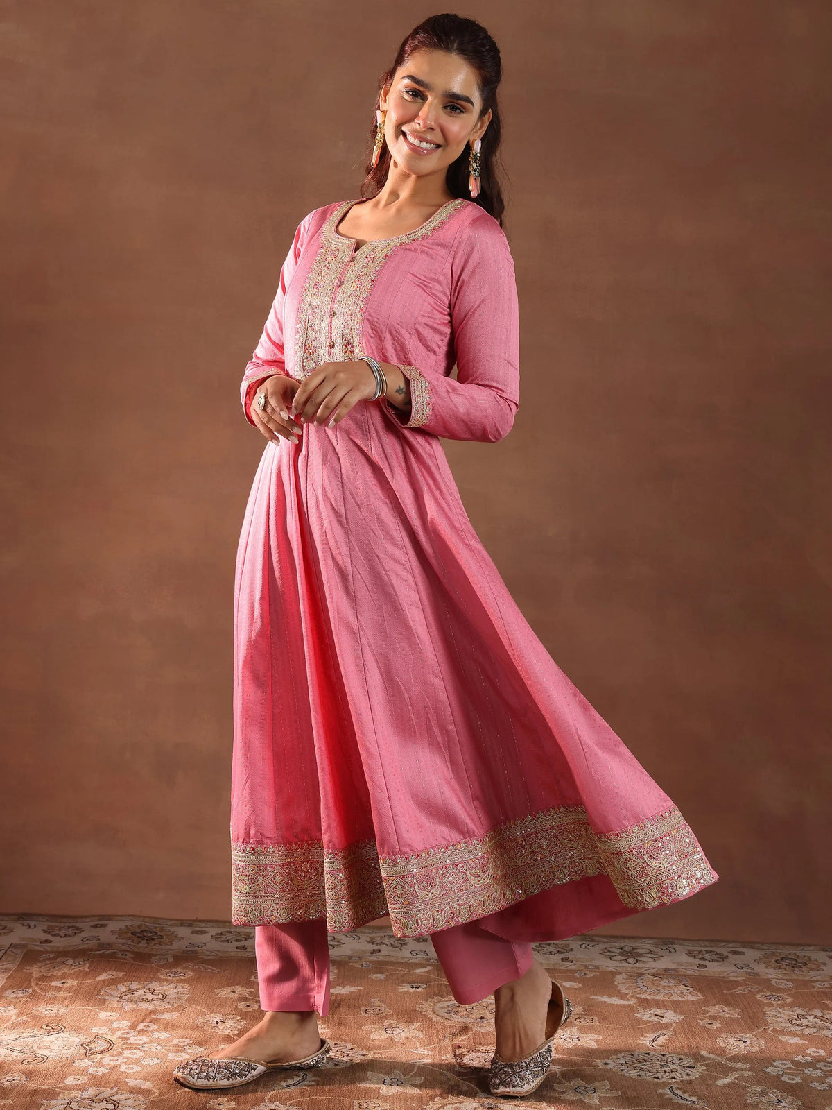 Libas Pink Woven Design Silk Blend Anarkali Suit With Dupatta