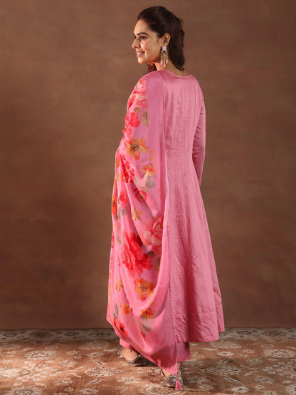 Libas Pink Woven Design Silk Blend Anarkali Suit With Dupatta