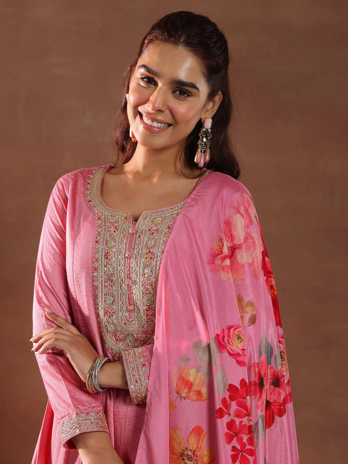 Libas Pink Woven Design Silk Blend Anarkali Suit With Dupatta