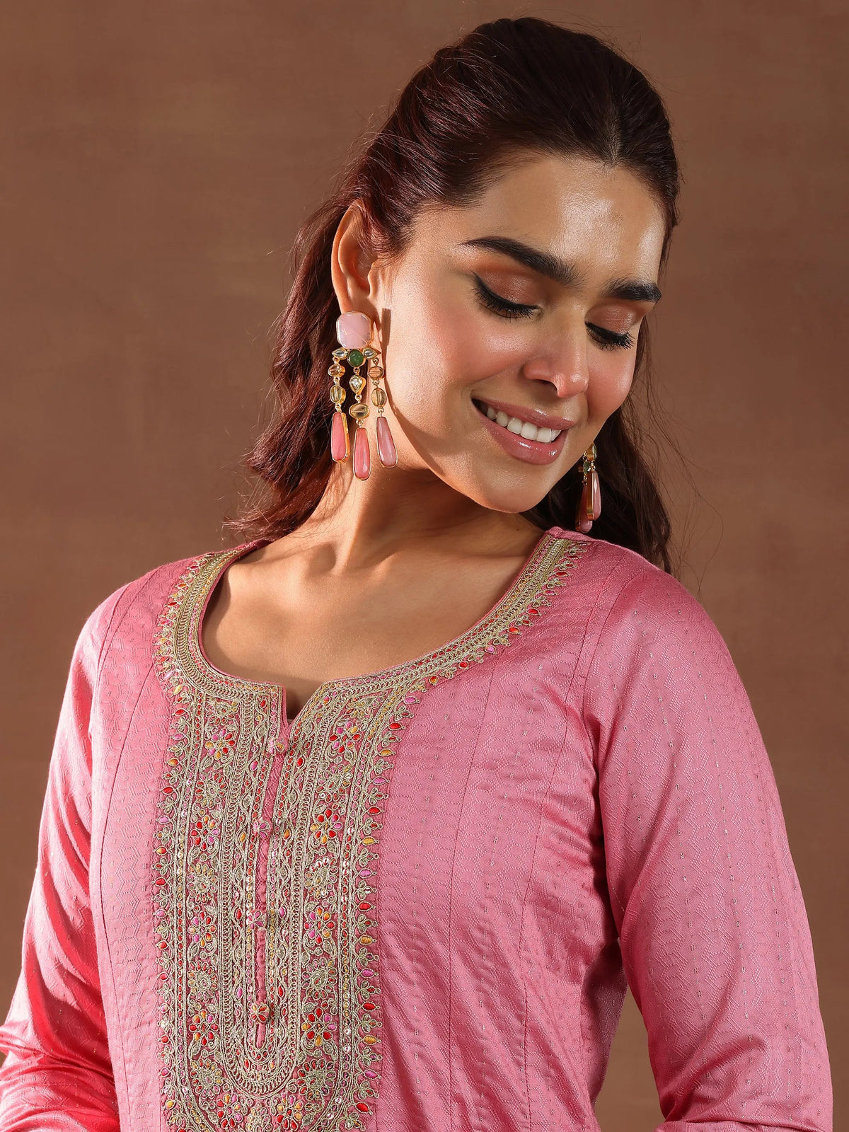 Libas Pink Woven Design Silk Blend Anarkali Suit With Dupatta