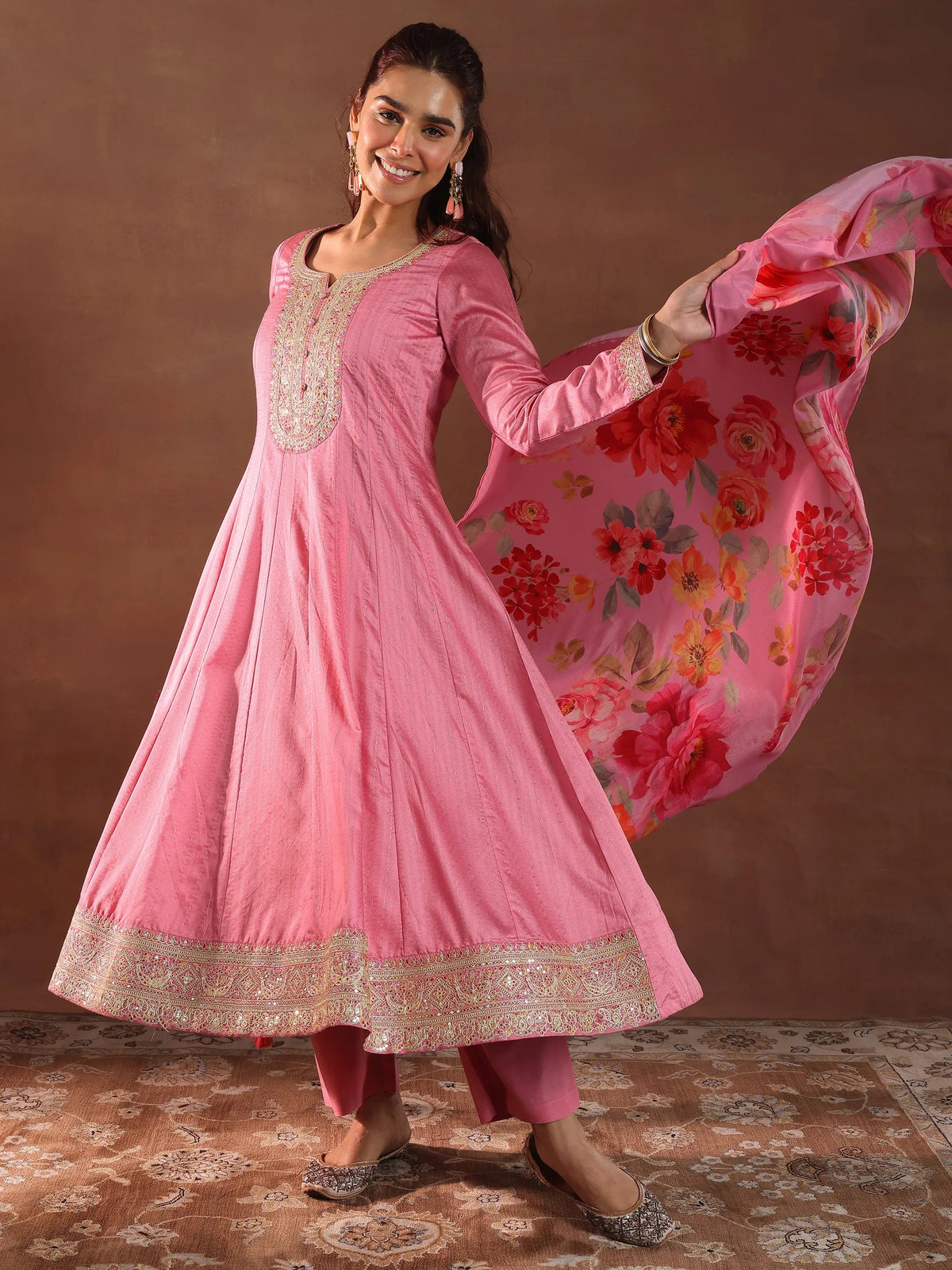 Libas Pink Woven Design Silk Blend Anarkali Suit With Dupatta