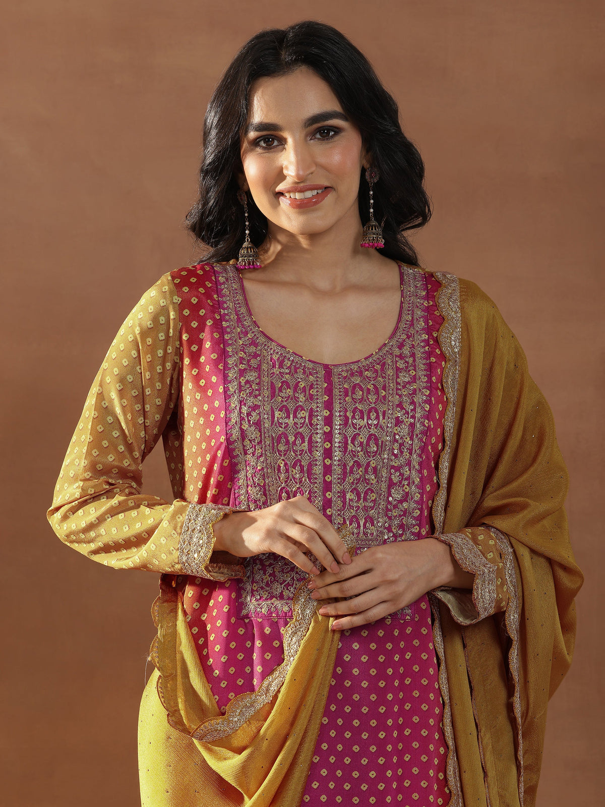 Libas Mustard Printed Silk Blend Straight Suit Set With Dupatta