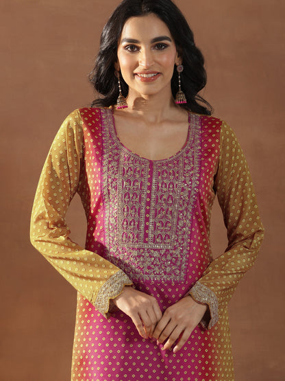 Libas Mustard Printed Silk Blend Straight Suit Set With Dupatta